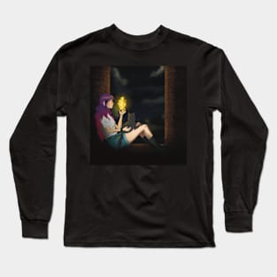 Fire witch with her black cat at night Long Sleeve T-Shirt